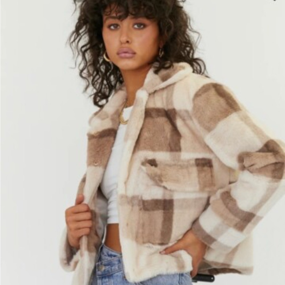 Princess Polly Checkered Teddy Jacket - Brown and Cream